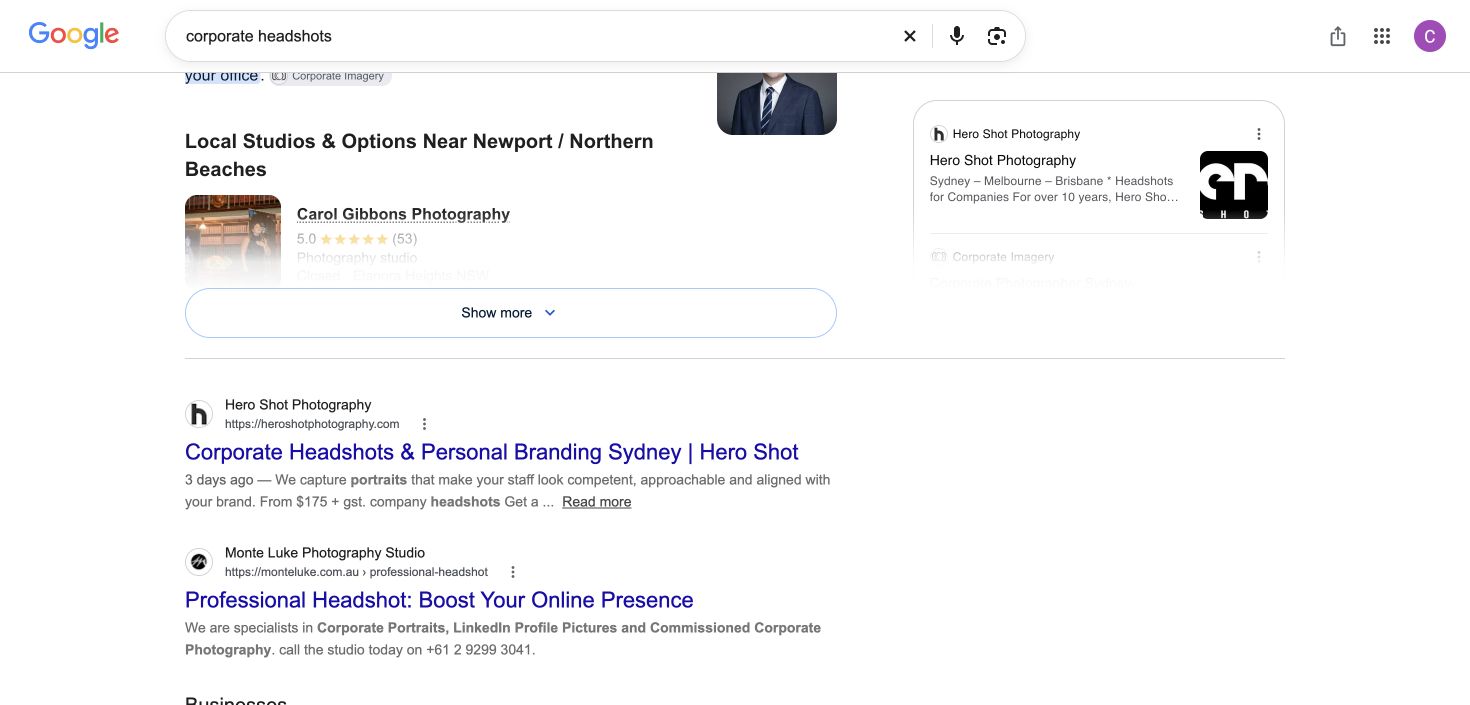 Original Google capture: corporate headshots. Hero Shot. First organic result. Sydney, NSW, 18 October 2026.