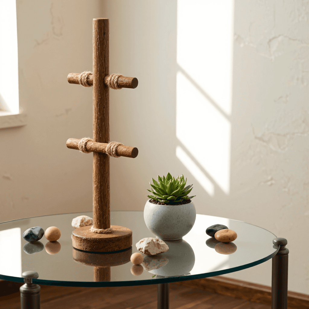 product photography of a wooden display stand with decorative rope and ladybug accents