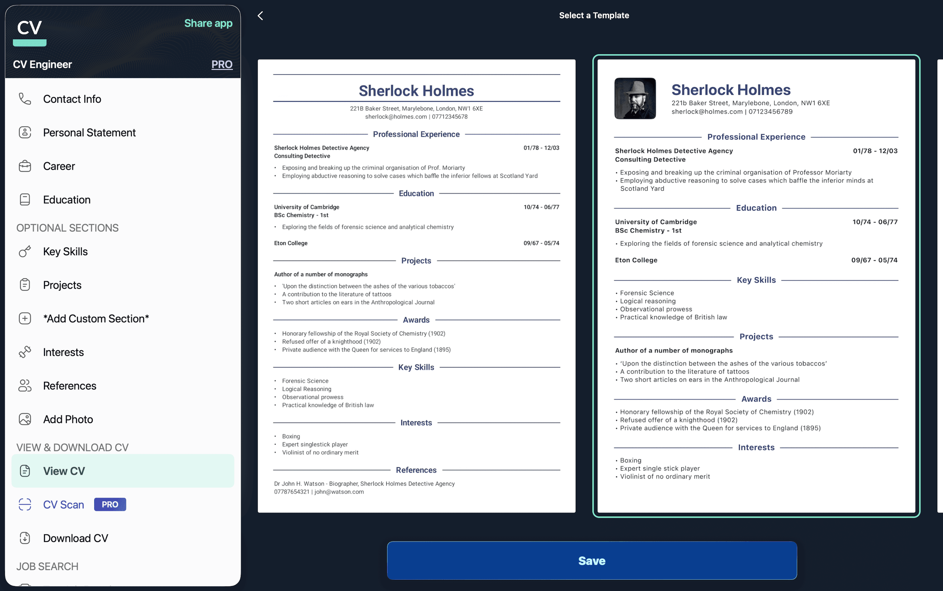 CV Engineer macOS resume maker's template selection screen