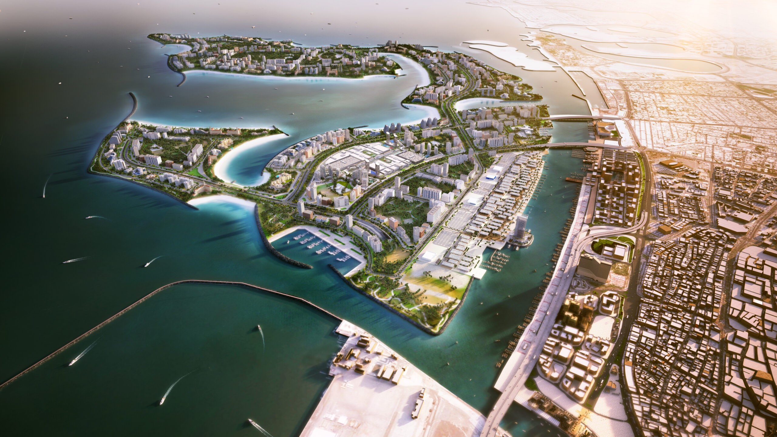 Aerial view of Dubai Islands waterfront development with luxury residences and marina