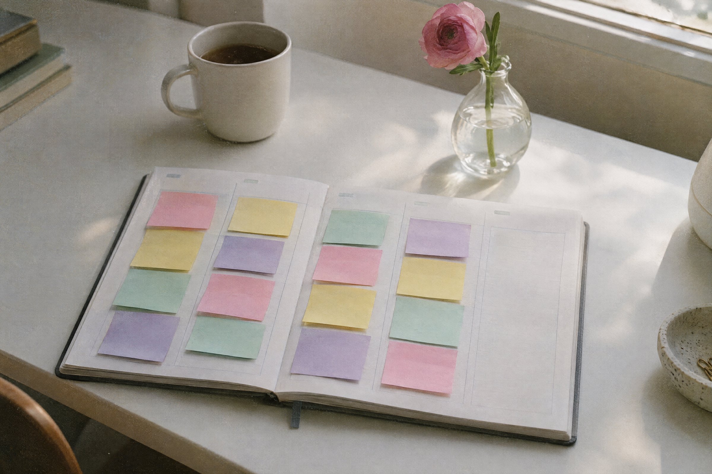 A weekly planner covered in pastel sticky notes, with one empty day circled in pencil
