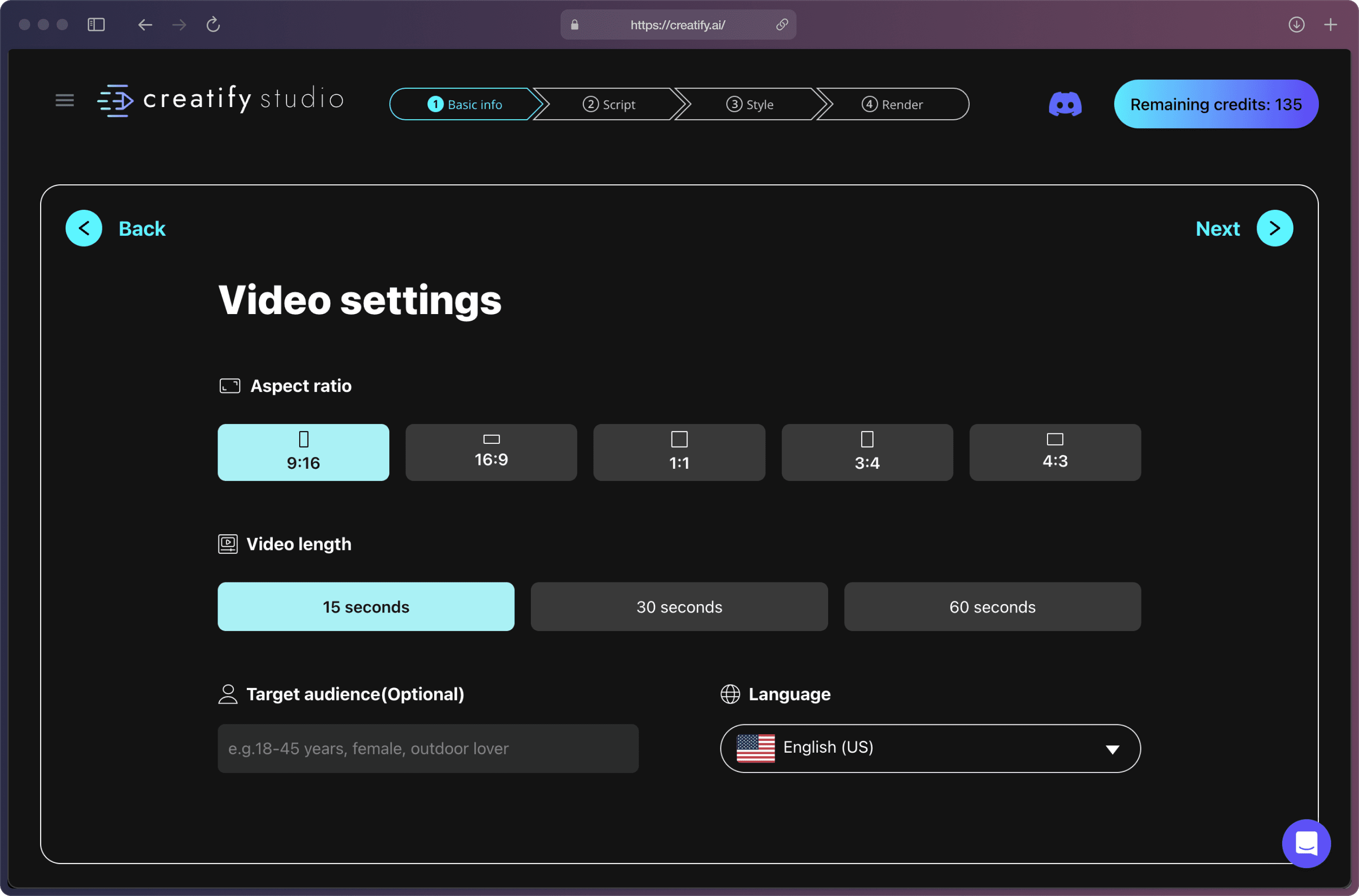 A screenshot of Creatify AI app on the “Video settings” page with options to adjust like aspect ratio, video length, target audience, and language.