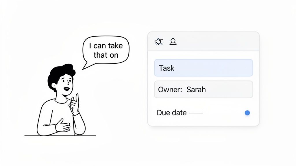 A person volunteers, saying 'I can take that on', next to a task management card with fields for task, owner, and due date.