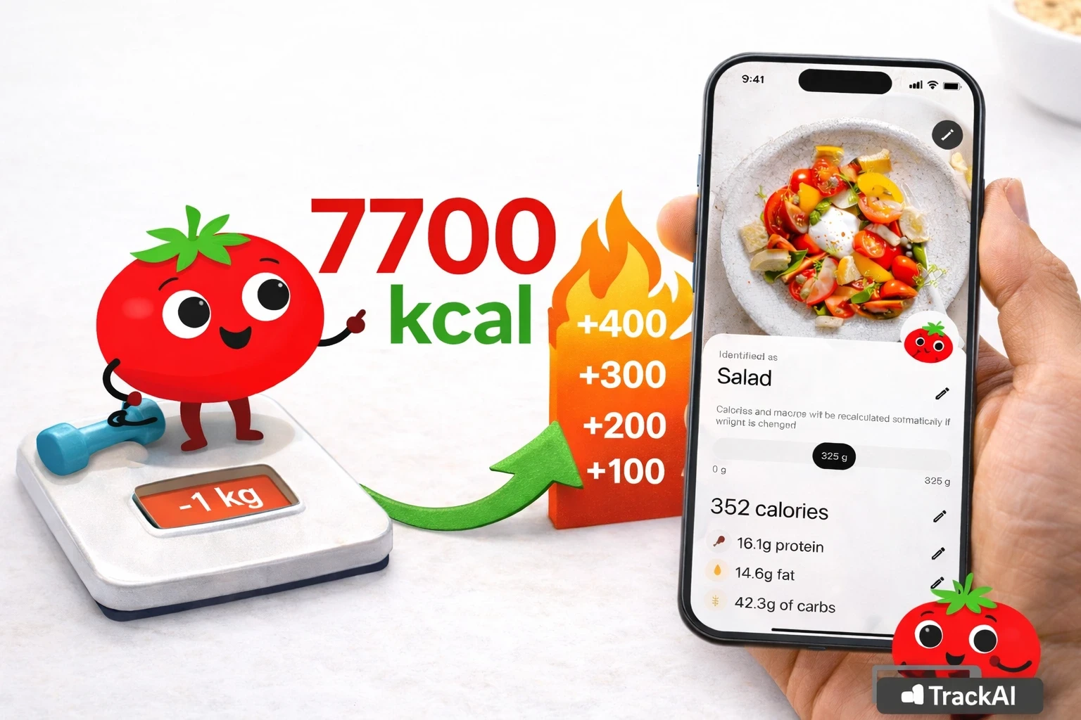 Visual explanation of burning 7700 calories to lose 1 kilogram, with a calorie tracking app and weight scale.