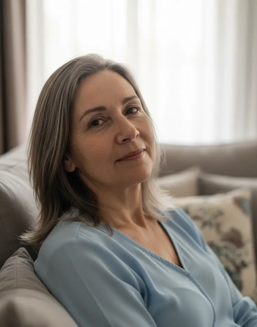 Mulher de meia-idade com cabelos grisalhos e blusa azul, sentada em um sofá e sorrindo, em um retrato tranquilo.