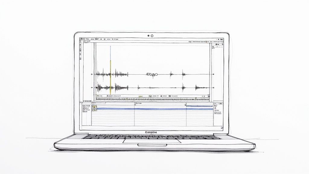 A minimalist sketch of a laptop displaying audio editing software with prominent waveforms on its screen.