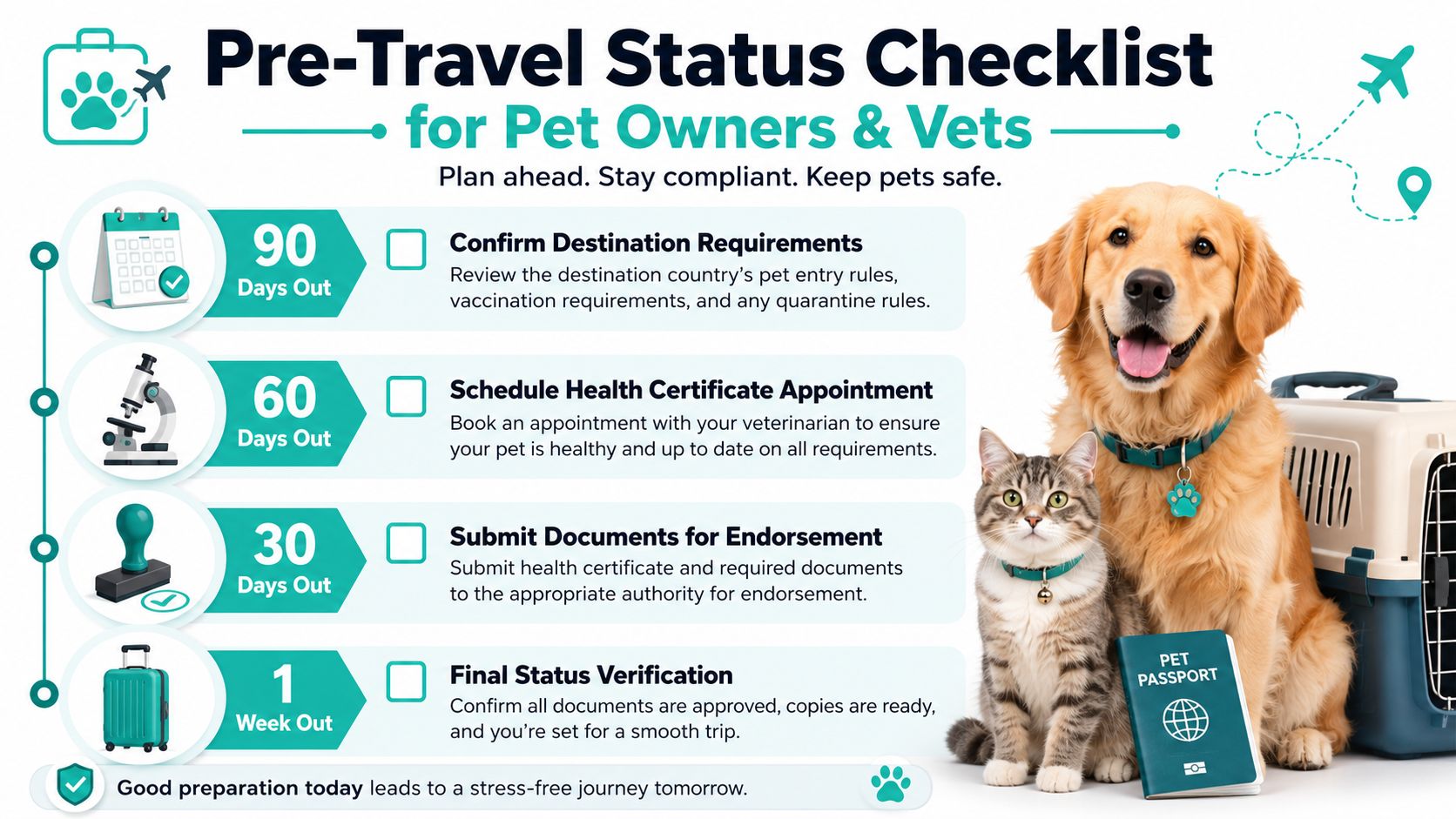 A checklist infographic for pet owners detailing the timeline and documentation required for international pet travel.