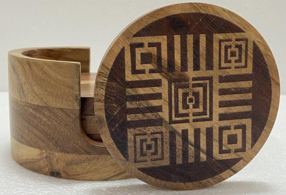 Handcrafted geometric engraved wooden coaster set with holder