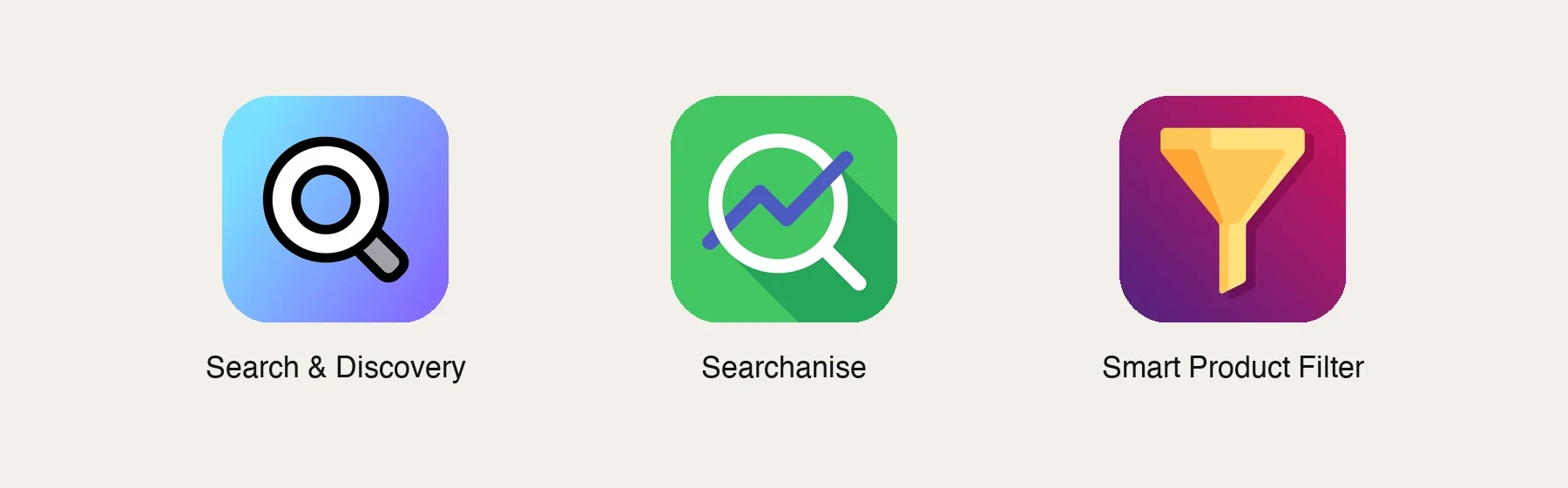 App icons from the Shopify App Store: Shopify Search & Discovery, Searchanise, Smart Product Filter
