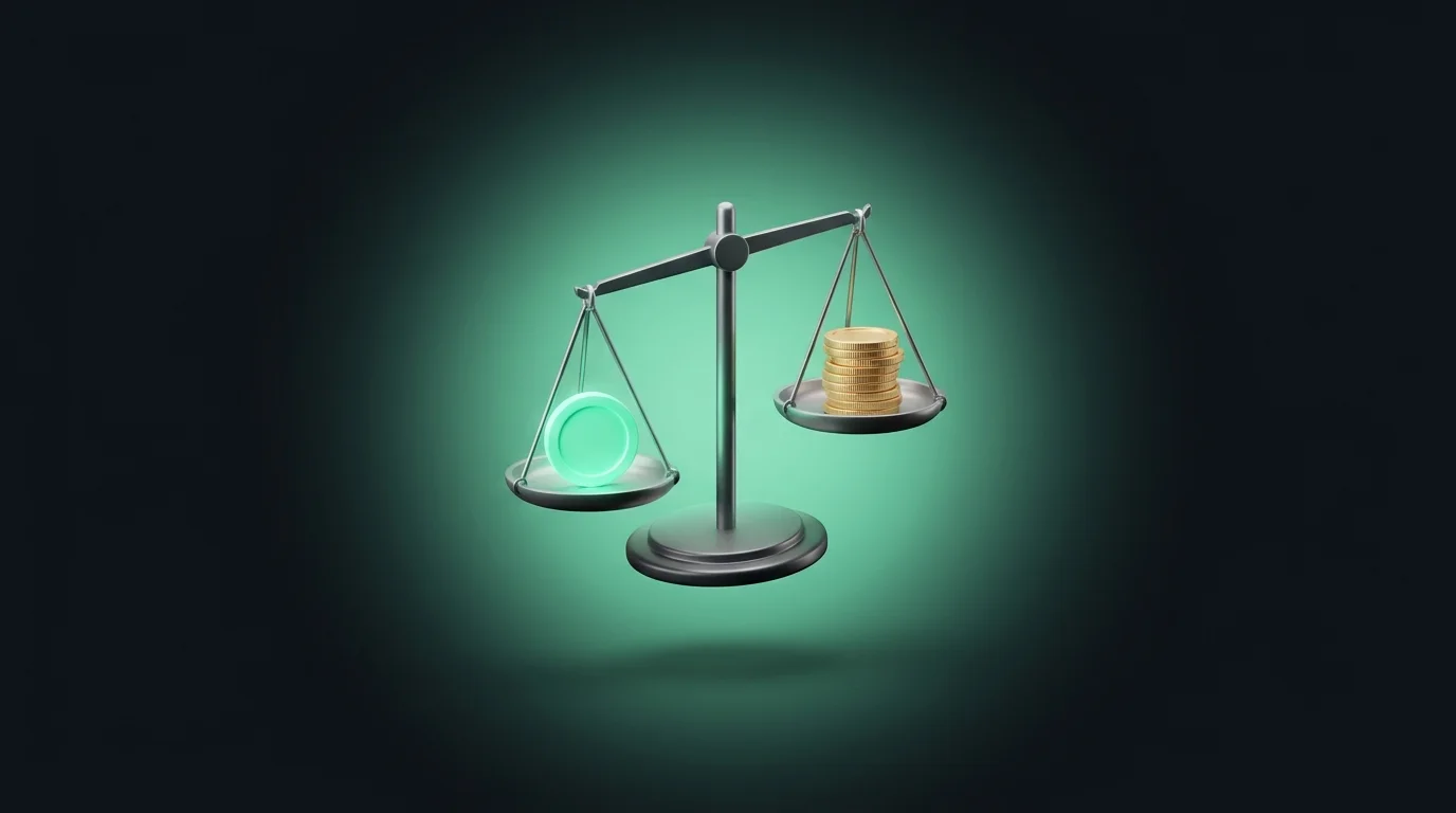 Balance scale weighing a glowing green credit token against a stack of gold coins, comparing credits and refunds