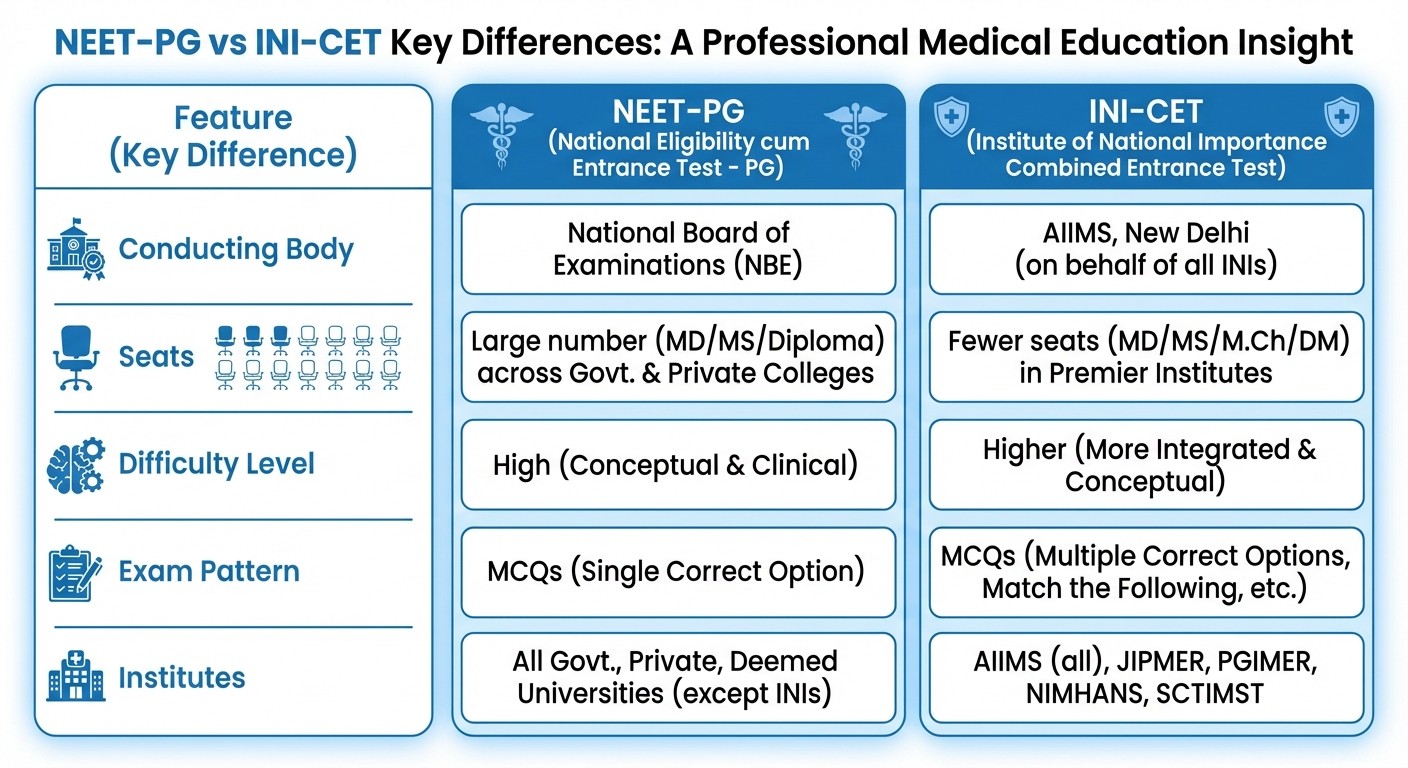 NEET-PG vs INI-CET detailed comparison chart