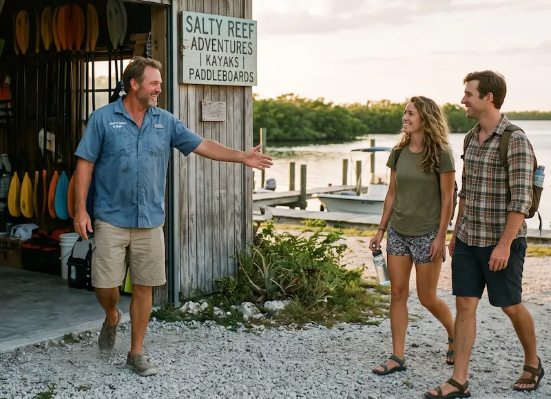 A friendly guide gestures towards two tourists at the entrance of a kayak and paddleboard rental shop by a peaceful waterfront in Florida, under a sign that reads "Salty Reef Adventures."