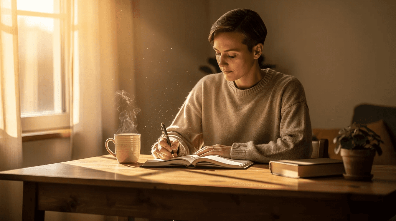 A person sits at a wooden desk, writing in a journal as morning light streams through the window, reflecting on their core values and personal goals while creating a personal mission statement for a positive impact on their future. The scene captures a moment of reflection and intention, emphasizing the importance of clarity in decision-making and personal well-being.