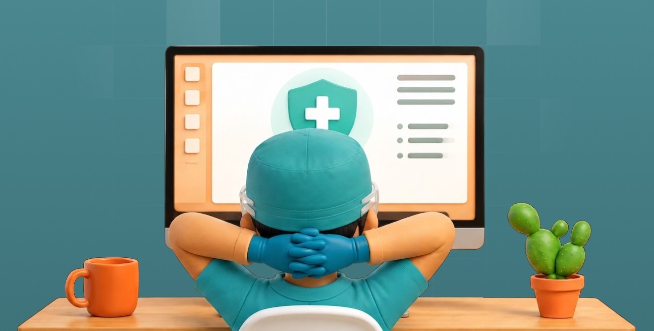 Healthcare mascot sitting freely front of screen