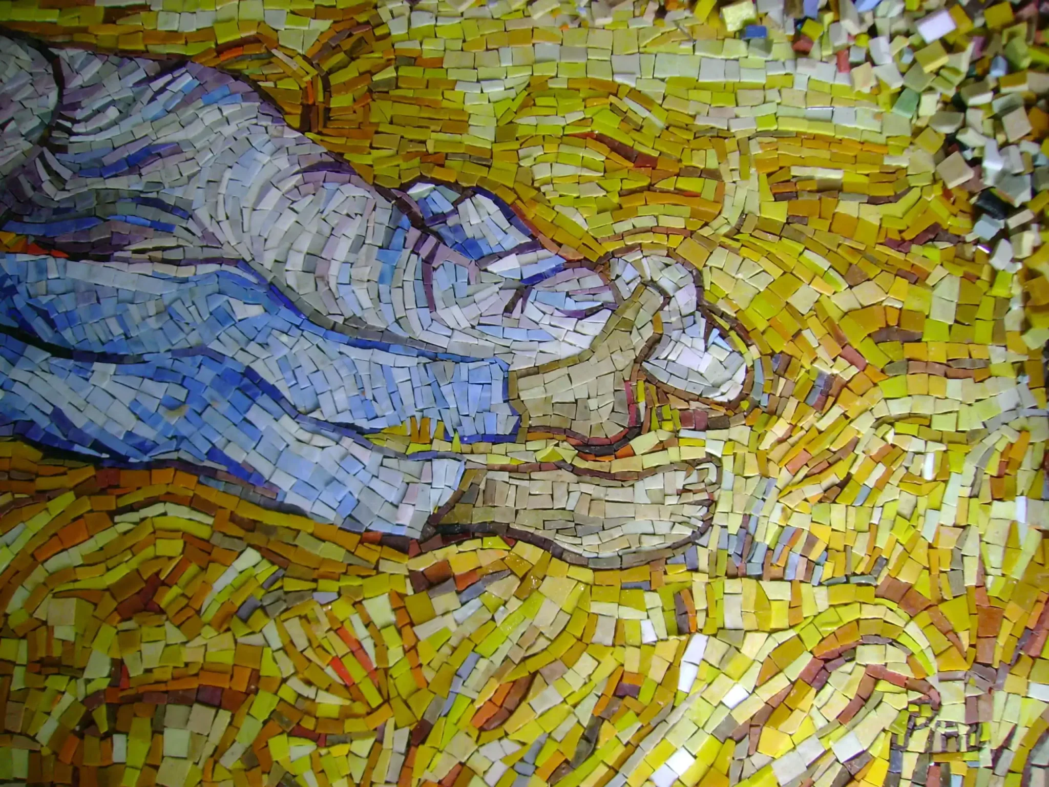 Mosaic wall art inspired by Van Gogh's "Afternoon Rest" after Millet, featuring vibrant mosaic tiles.
