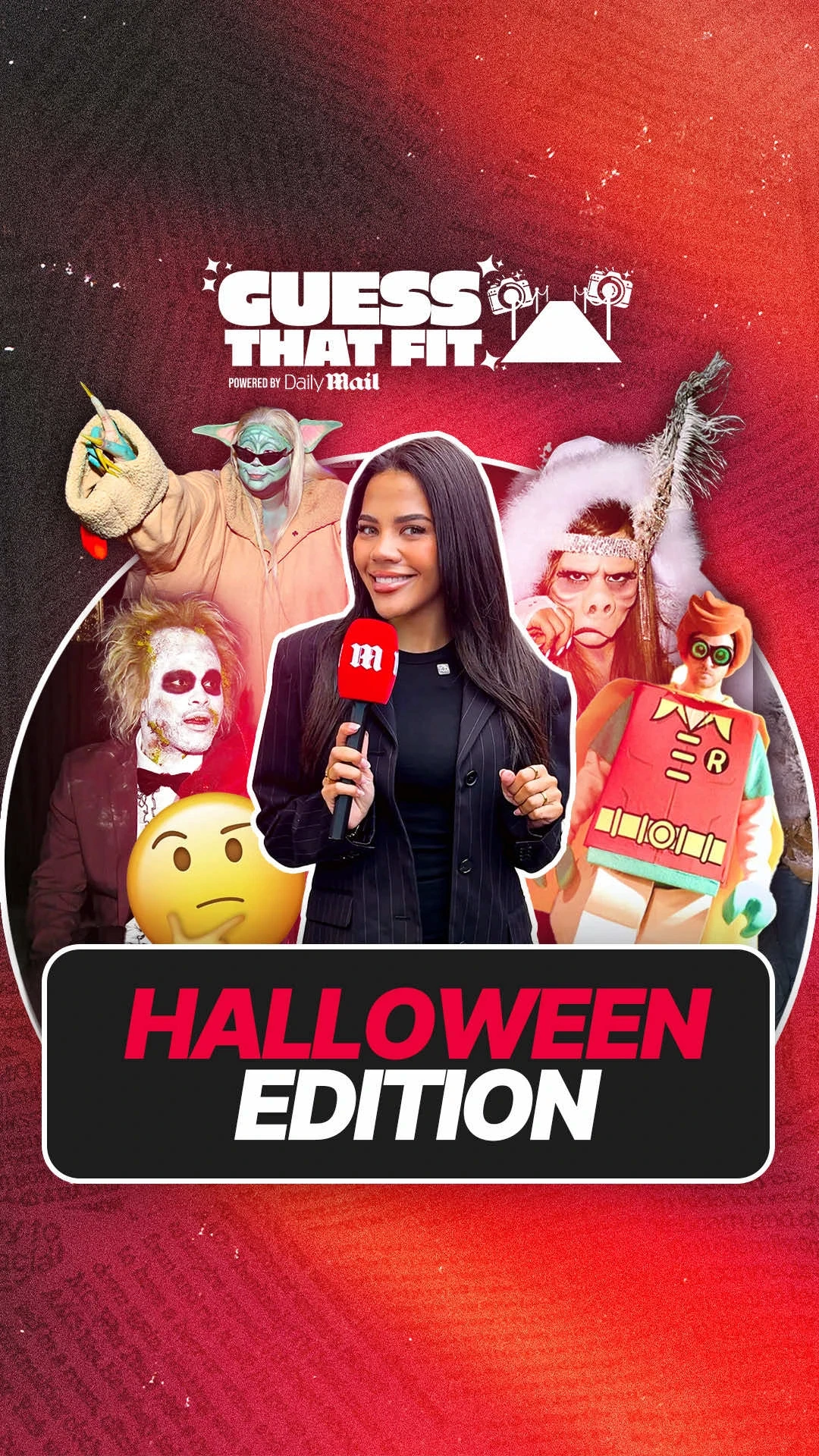 Daily Mail Guess That Fit host reviewing celebrity Halloween costumes with various characters and outfits.