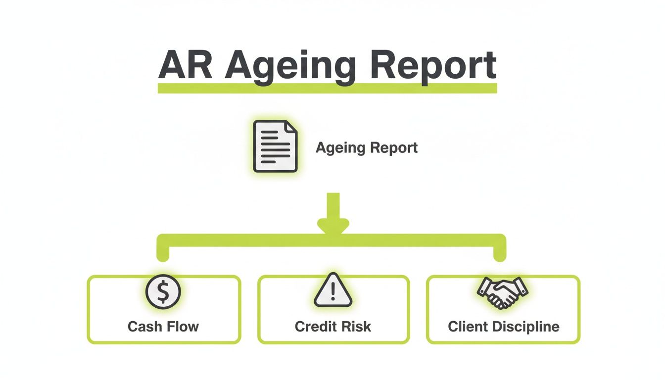 Flowchart illustrating the AR Ageing Report leading to insights on cash flow, credit risk, and client discipline.