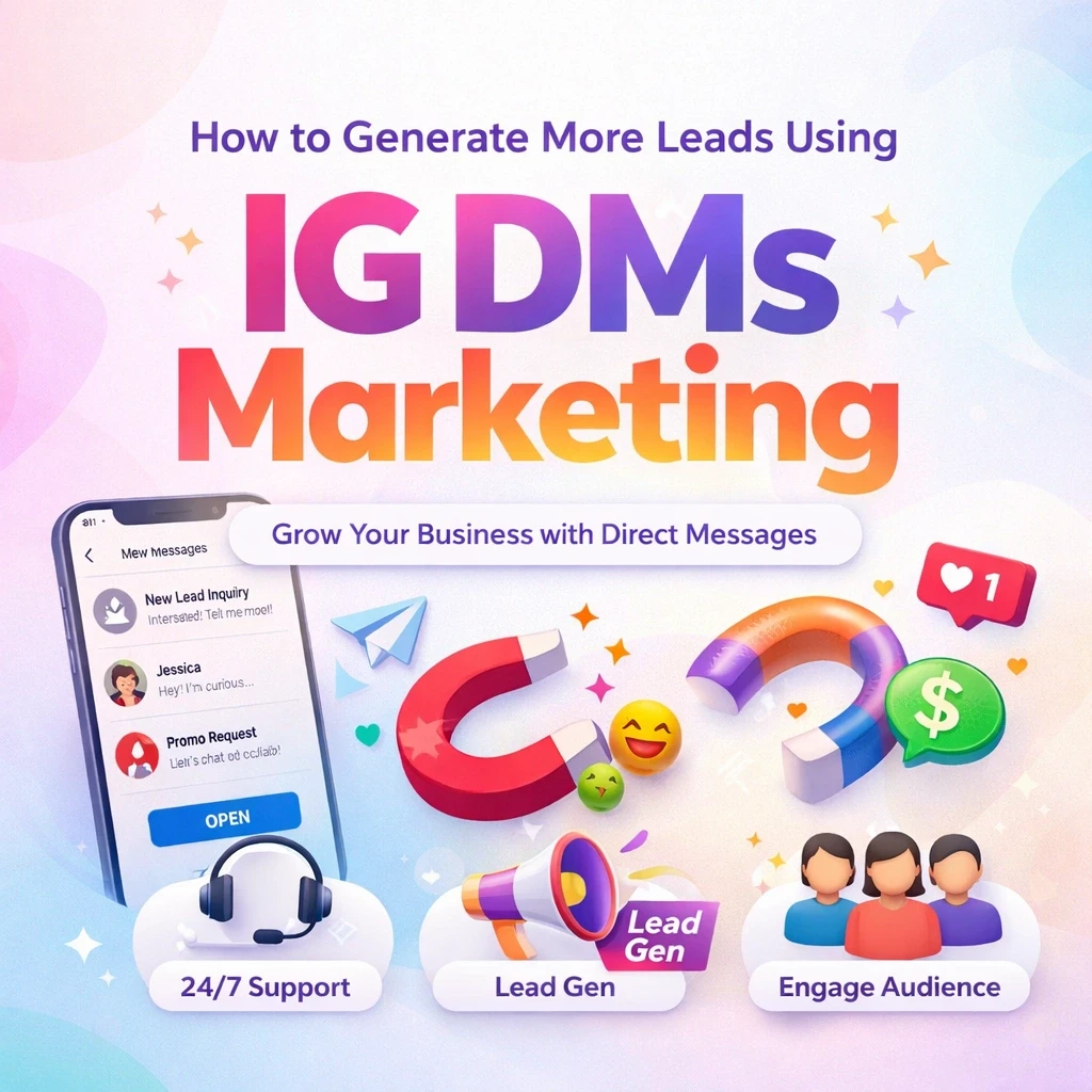 Modern blog cover image titled “How to Generate More Leads Using IG DMs Marketing,” featuring an Instagram Direct Messages mockup, lead generation icons, and a light pastel background with a clean, professional UI/UX design.