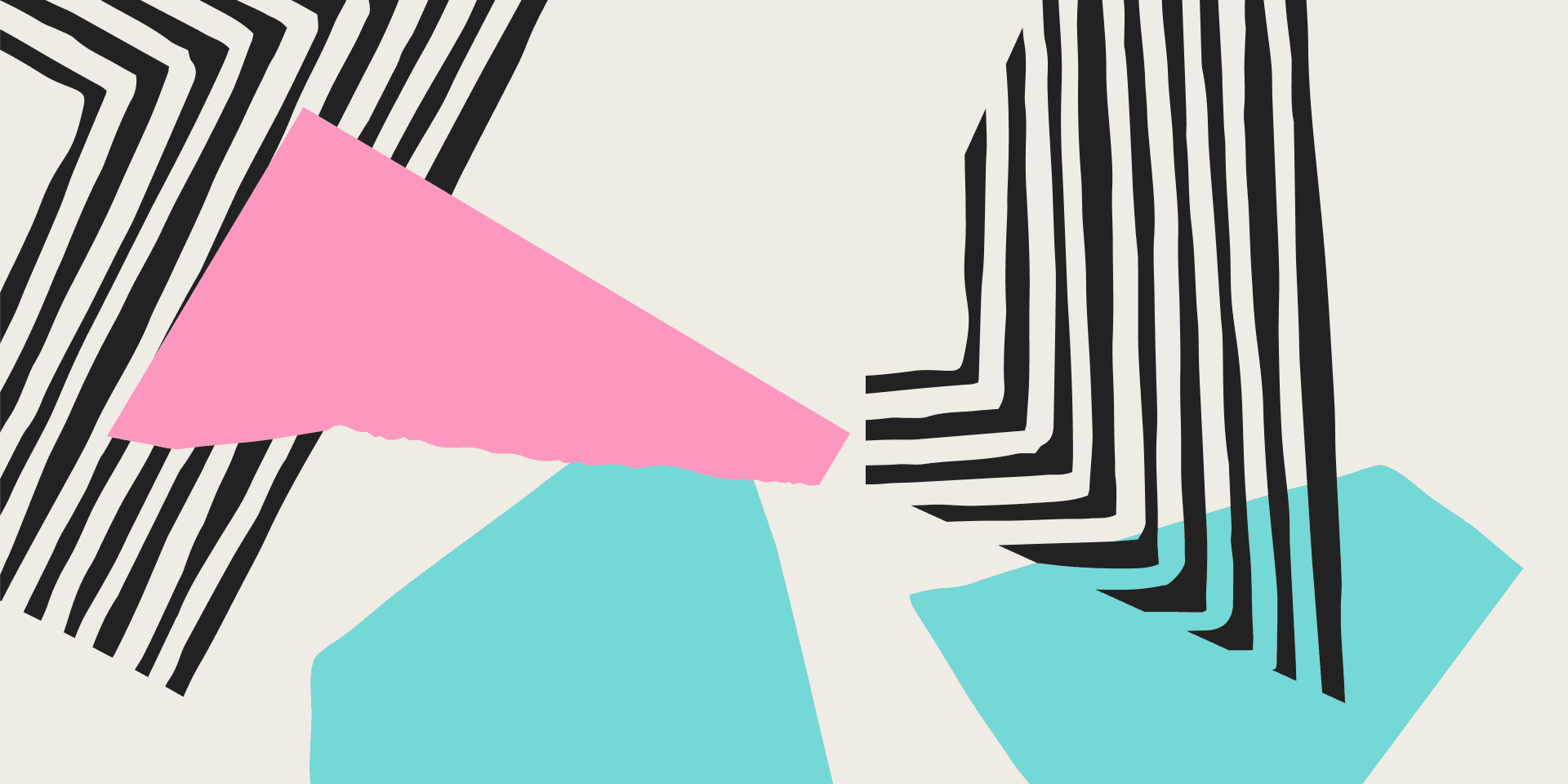 Abstract geometric illustration with a pink triangle, teal shapes, and black and white stripes on a cream background