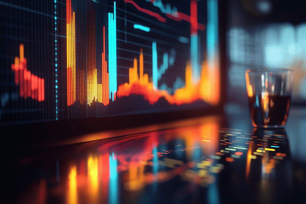 Colorful financial graphs on screen with drink nearby