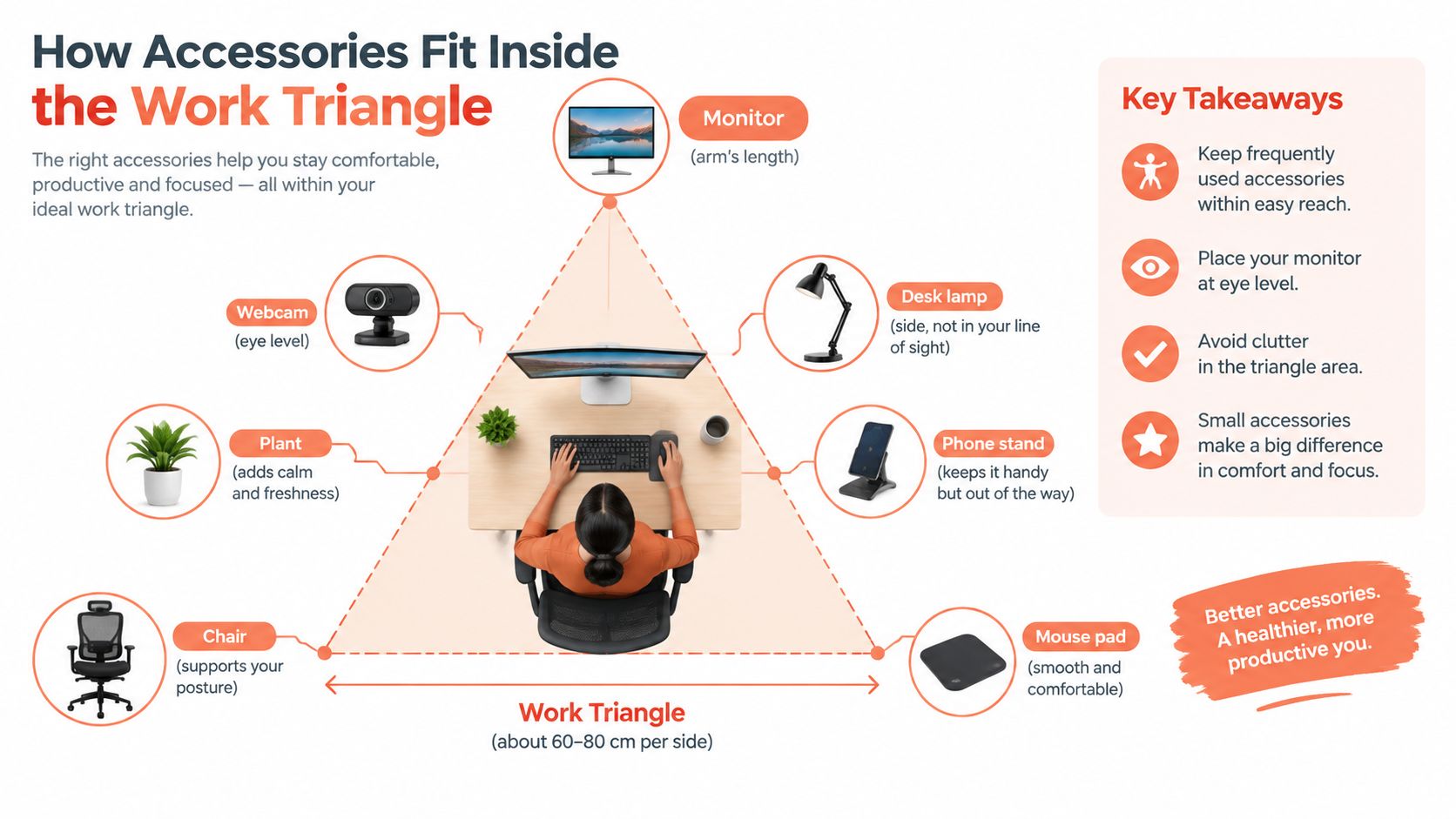 An infographic showing optimal workspace organization with desk accessories arranged within an ideal ergonomic work triangle.