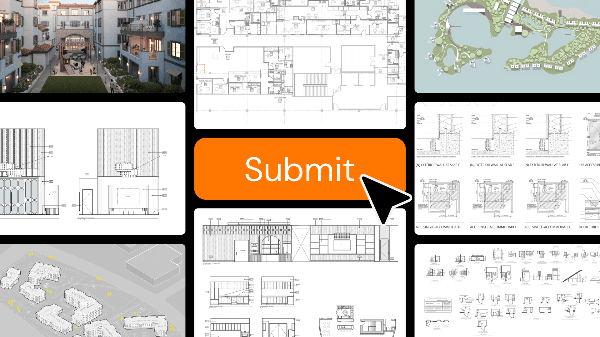 Collage of architectural drawing set including floor plans, elevations, and details surrounding a large orange Submit button with cursor, representing the moment of delivery before QA/QC is complete