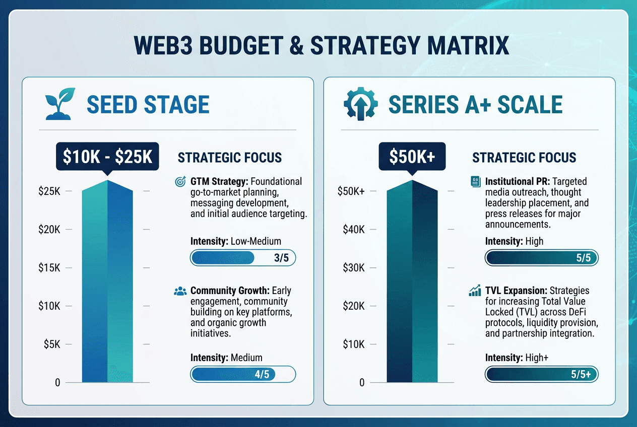 Web3 marketing budget matrix comparing Seed stage and Series A+ requirements, showing price ranges from $10,000 to over $50,000 per month.