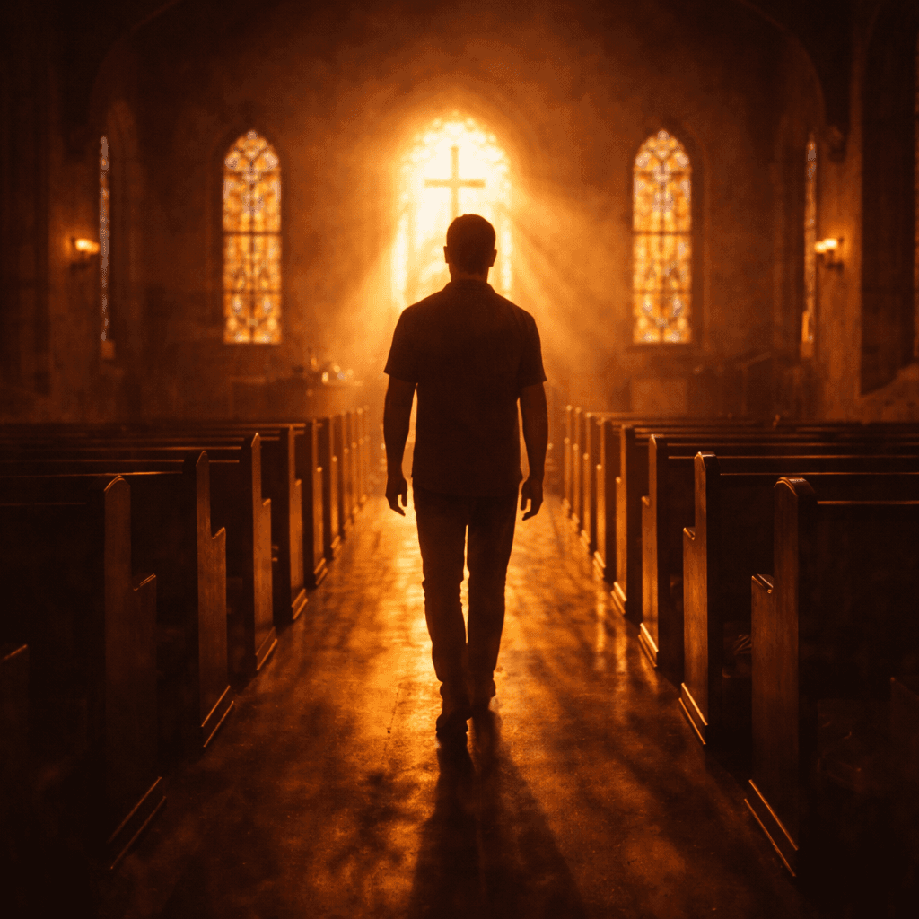 Person walking down a church aisle toward glowing sunlight shining through stained glass windows.