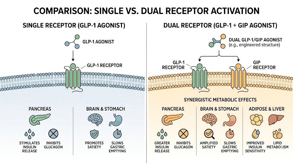 Tirzepatide dual receptor mechanism vs liraglutide single GLP-1 receptor comparison