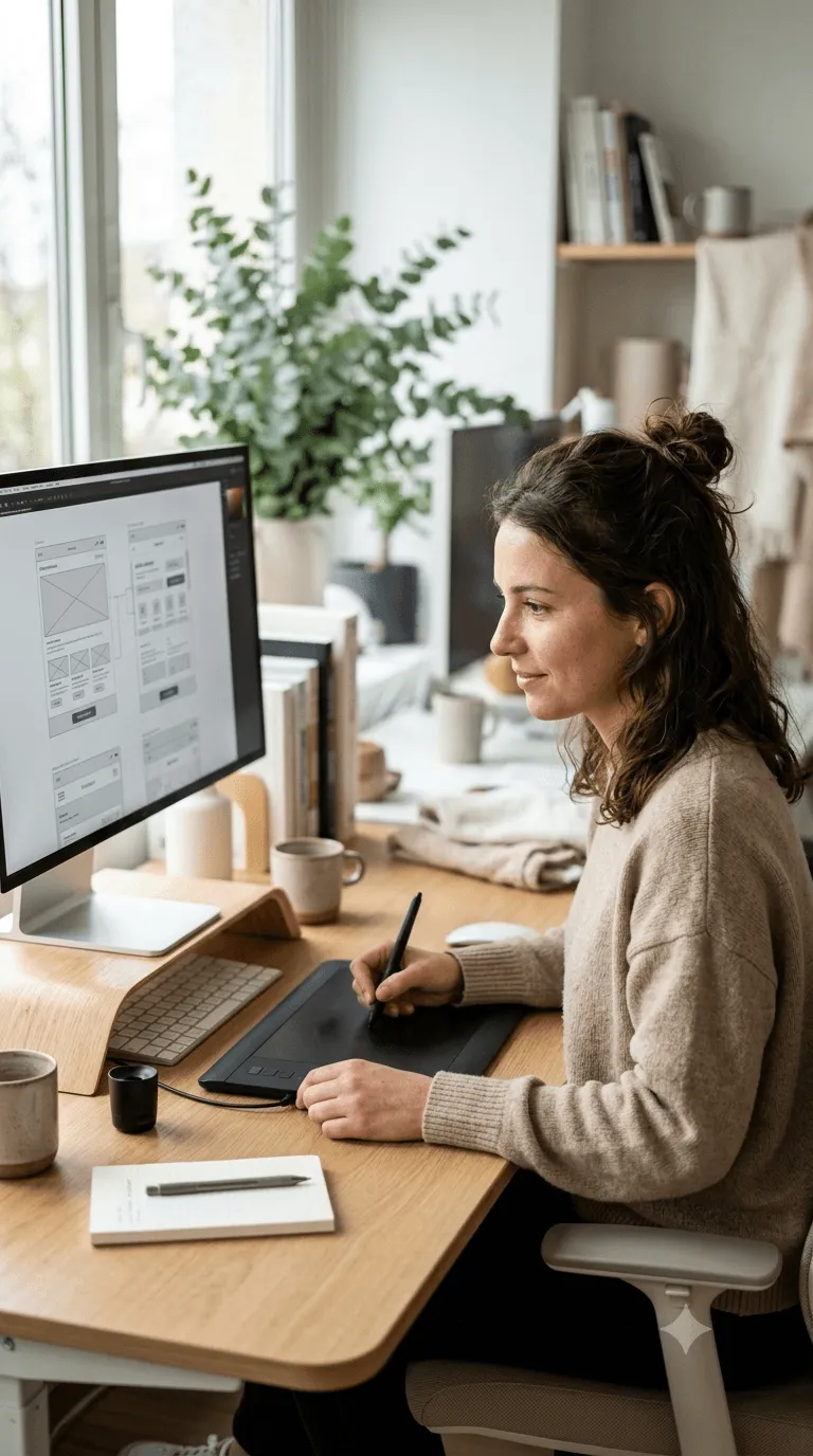 A person working at a desk with computers and plants.