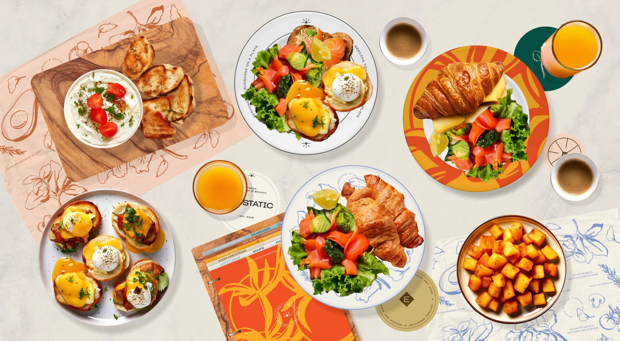 Packaging and restaurant branding system for brunch concept Brand applications for dine-in and takeaway experience across MENA