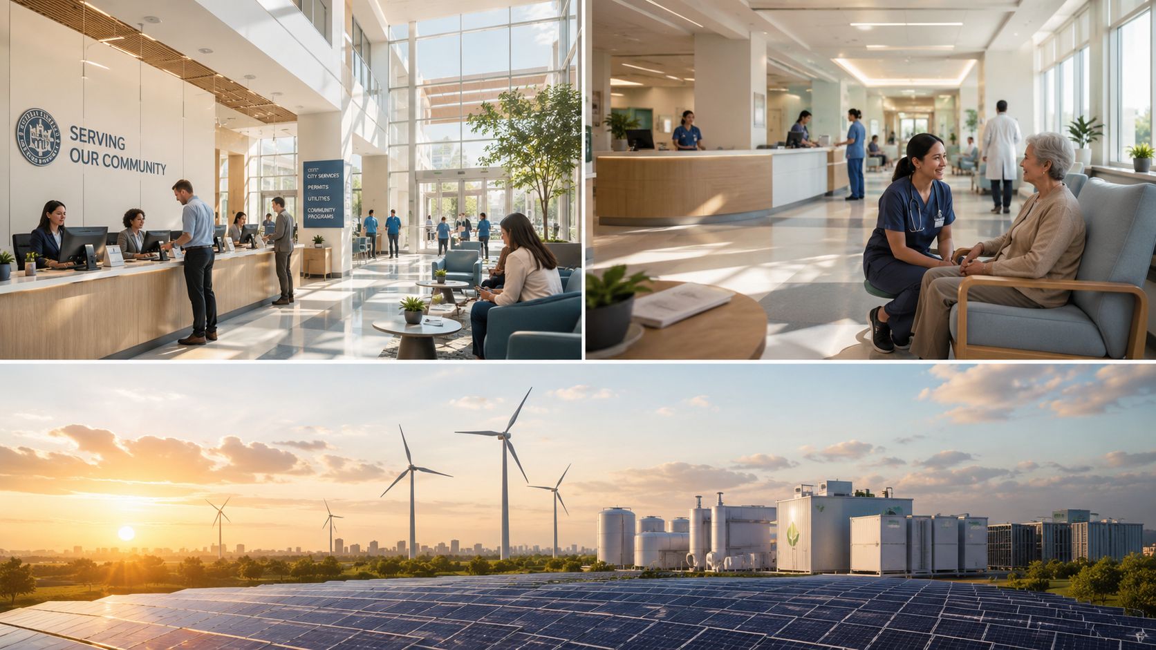 En collage der viser en moderne offentlig servicebygning, et hospital og en bæredygtig energipark med solpaneler.