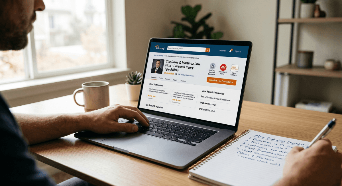 Person comparing personal injury lawyers in Los Angeles on a legal directory website with ratings and client reviews