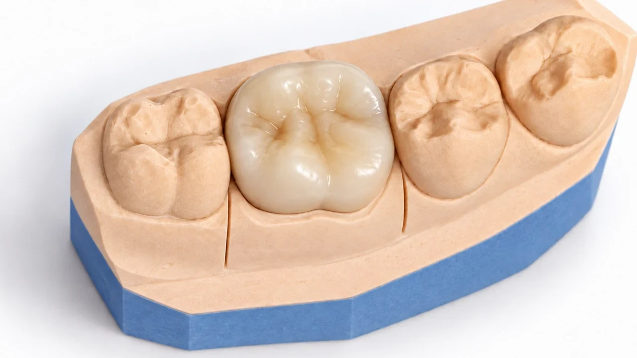 Visualización del acabado de una corona molar colocada sobre un modelo de laboratorio.