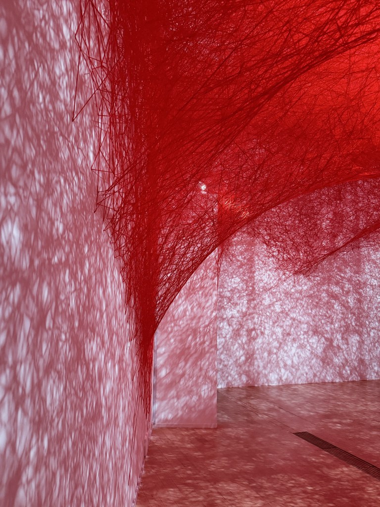 Interior of an art installation featuring intricate red threads casting shadows on white walls.