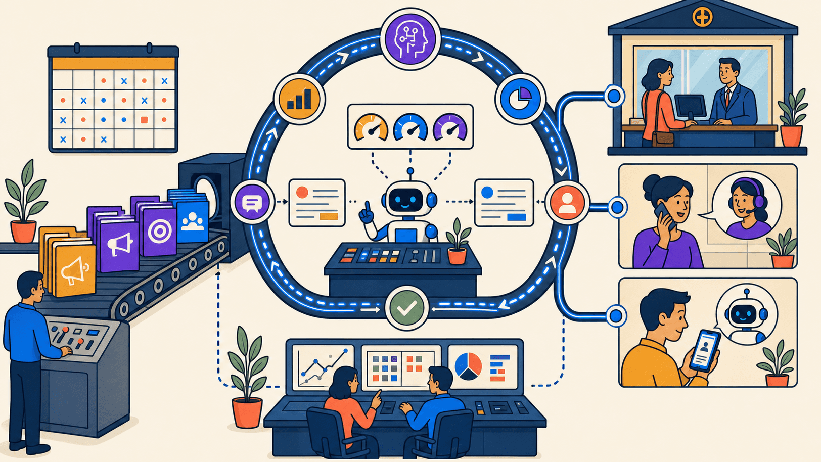 Abstrakte Visualisierung eines geschlossenen Customer-Lifecycle-Kreislaufs mit AI Agent und Governance-Leitplanken.