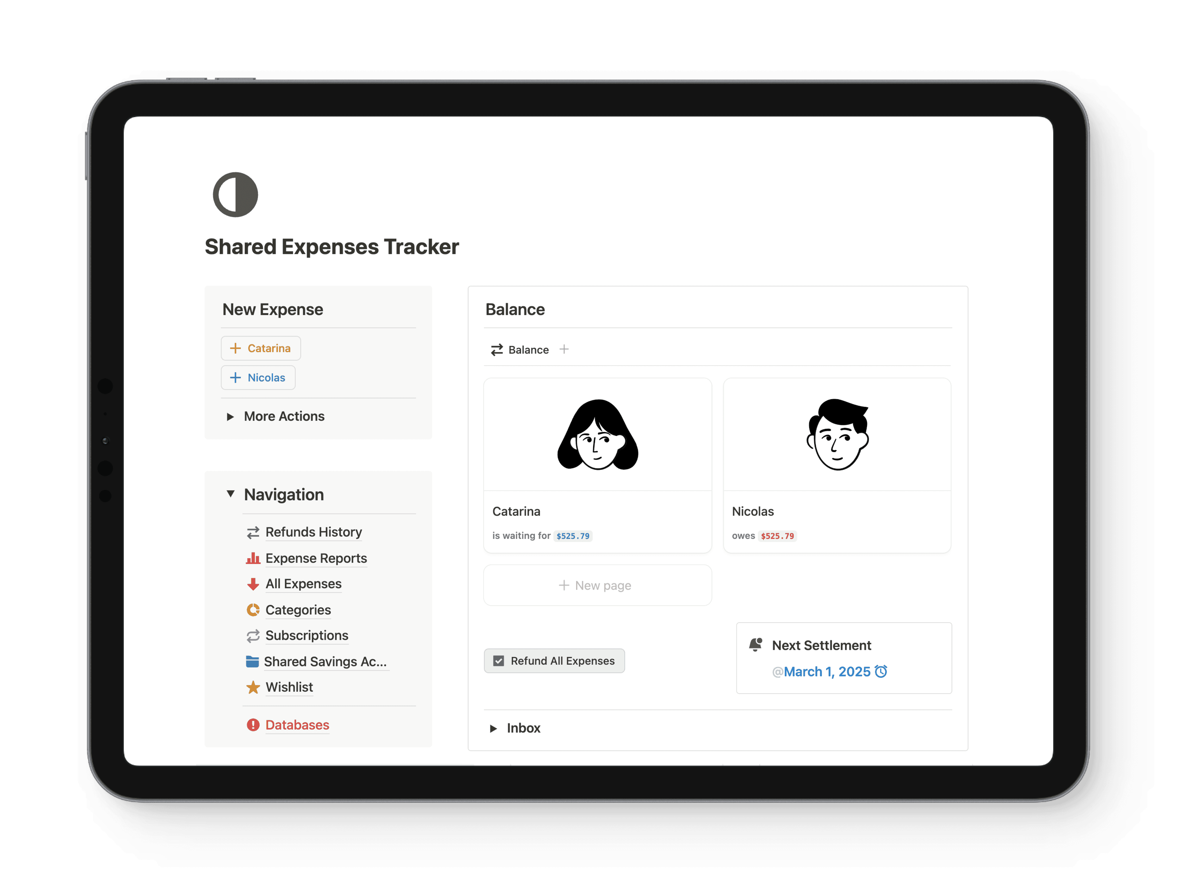 iPad showing the Shared Expenses Tracker Notion template