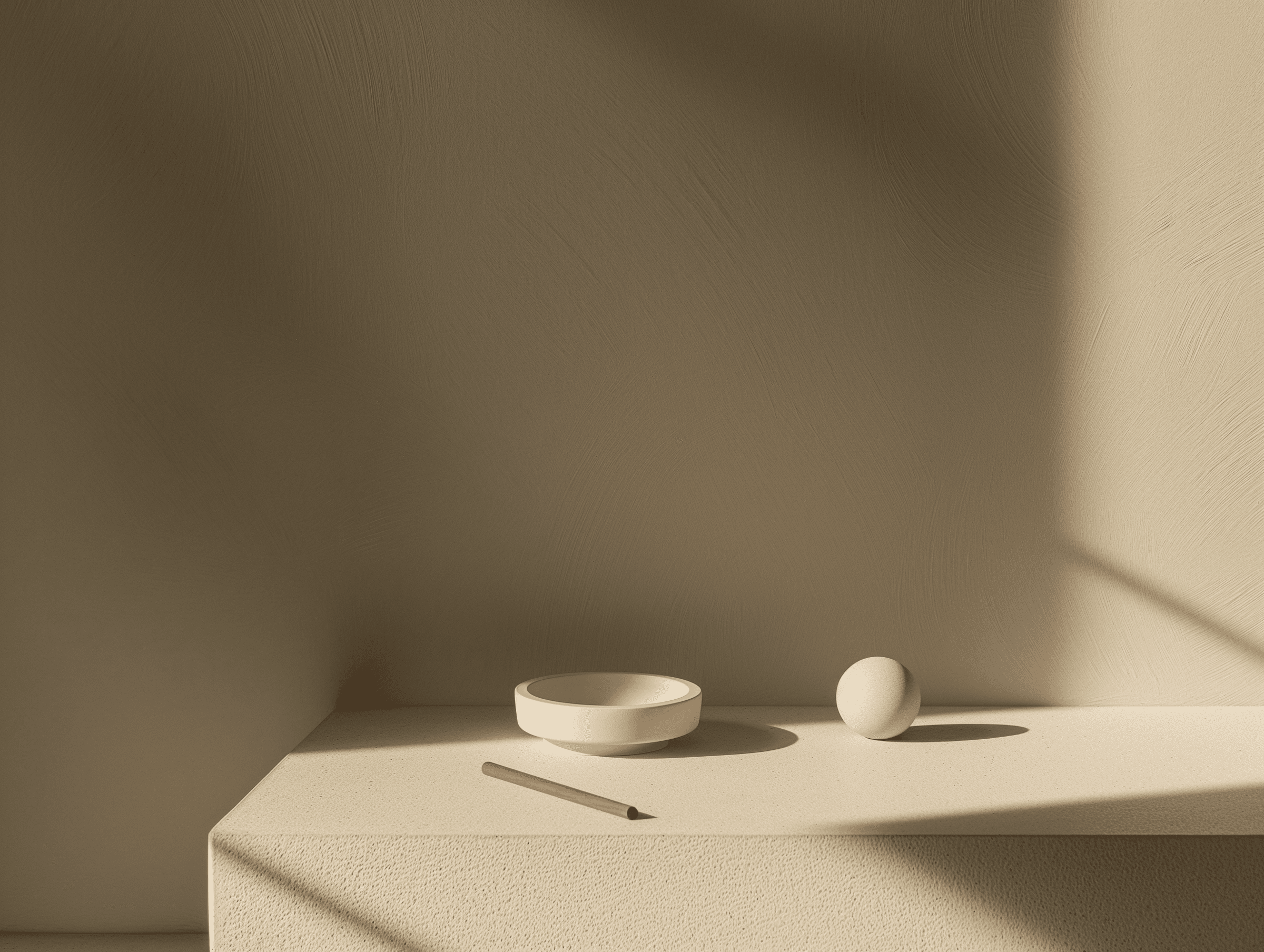 Minimalist still life composition with cream ceramic bowl, wooden incense stick, sphere sculpture on textured surface with geometric shadows