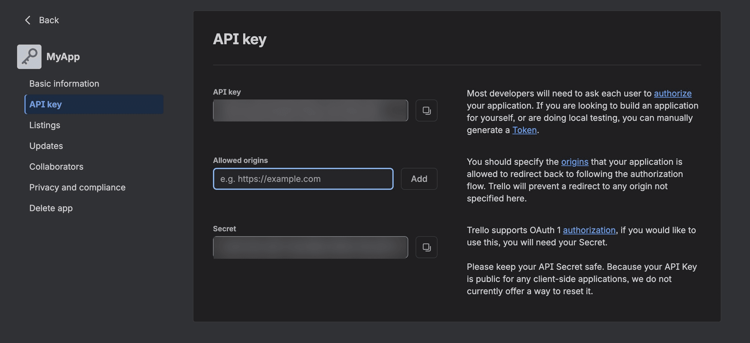 Trello APi Generate API Key, origin, and secret