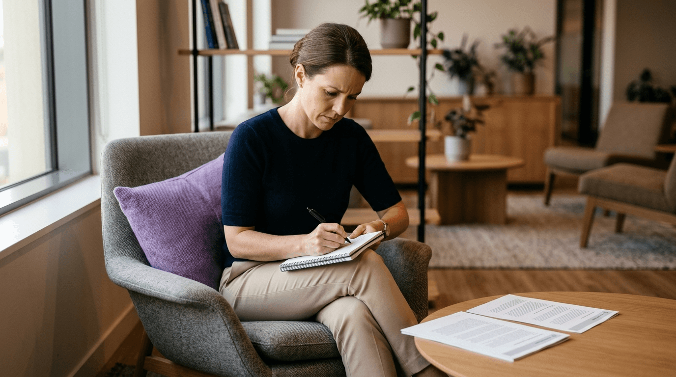 Communications professional reviewing printed coverage reports in a quiet office lounge, taking handwritten notes