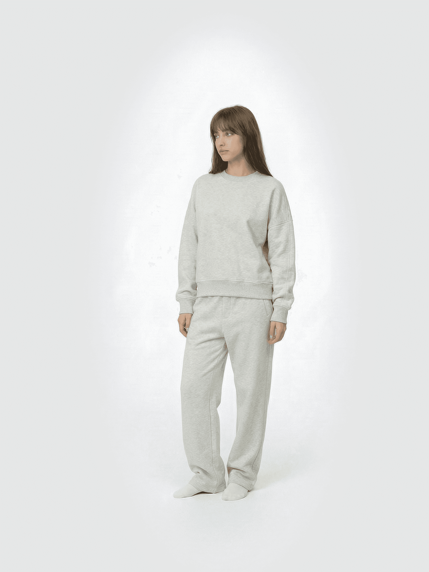 Tailor classic crewneck sweatshirt in grey — front view on model.