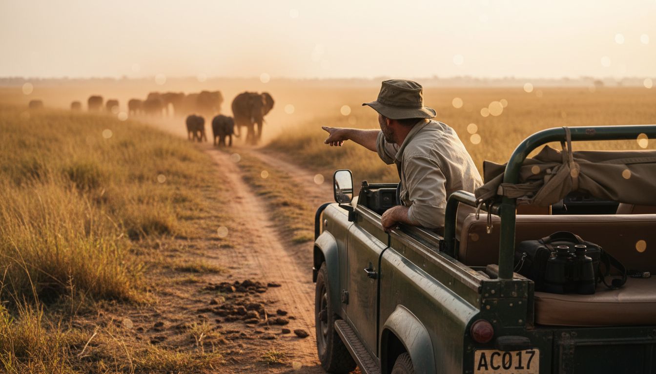 Guide pointing from safari jeep to elephants