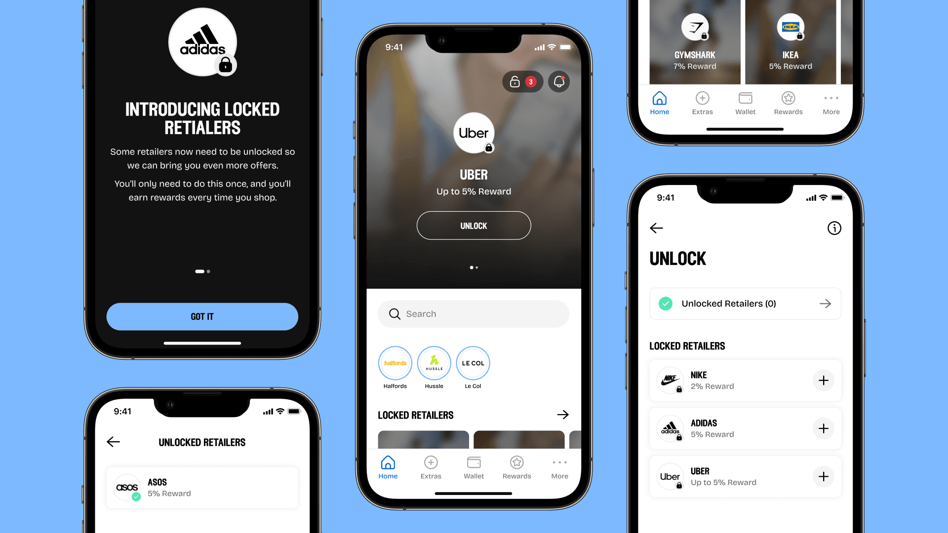 Collage of locked retailer UI screens showing intro messaging, unlock actions, and retailer lists in the app.