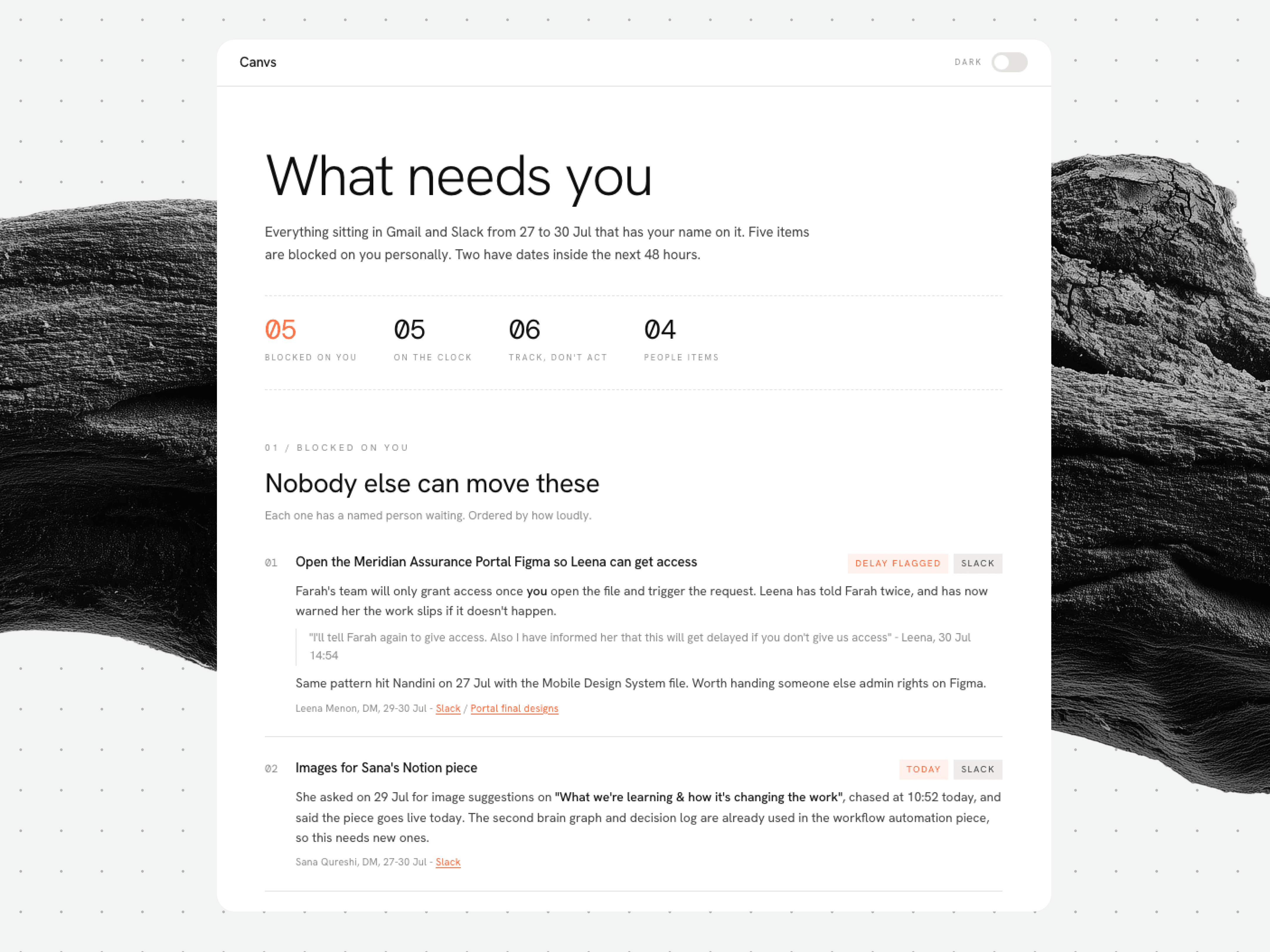 The 'What needs you' view sorts everything in Gmail and Slack with Premankan's name on it into what is blocked on him, a stalled Figma access request first, what is on the clock, and what to track but not act on.