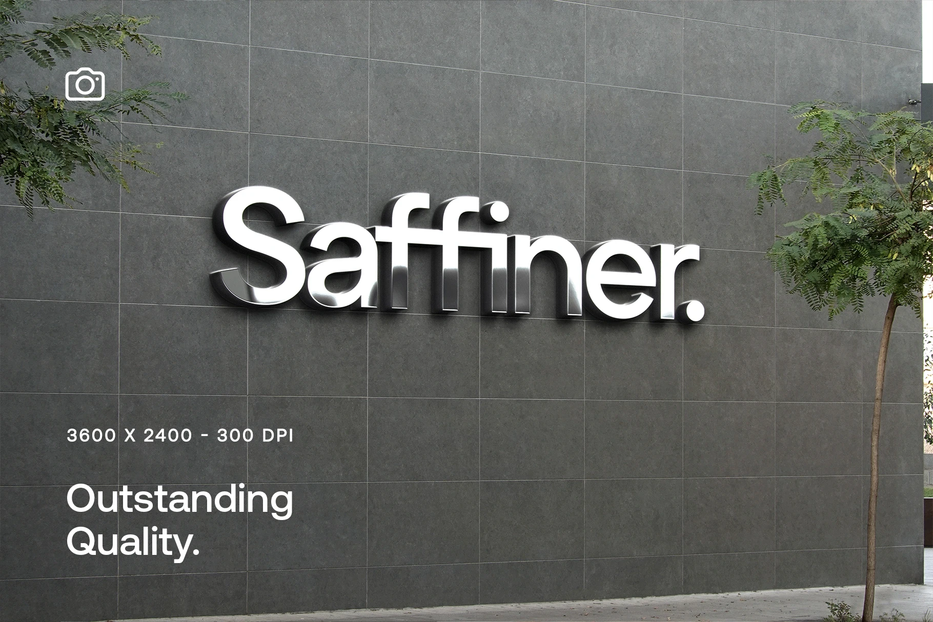 Storefront sign mockup featuring a modern 3D effect on a dark gray tiled wall with realistic shadows and reflections.