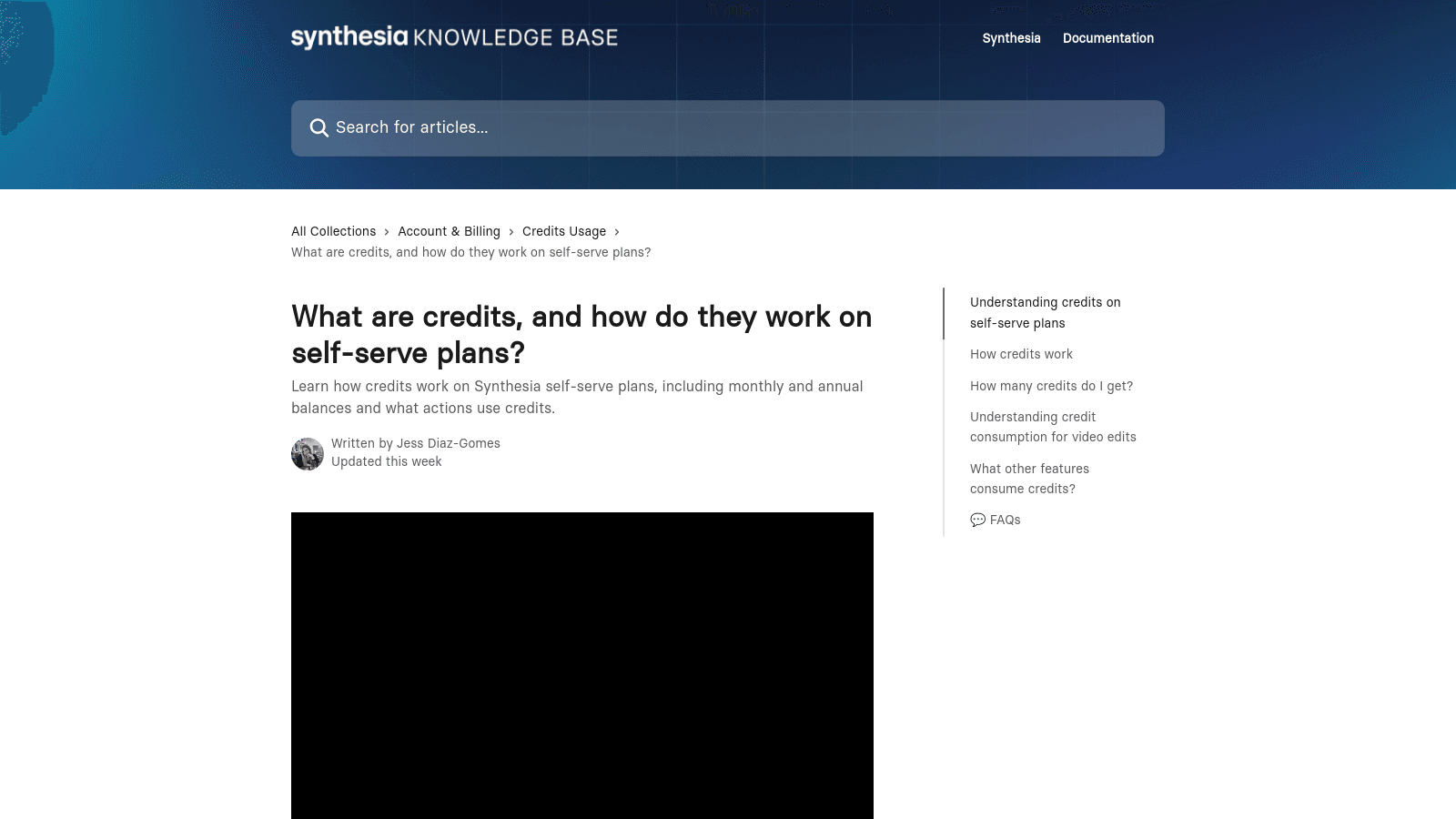 Synthesia knowledge base help article explaining how credits work on self-serve plans.