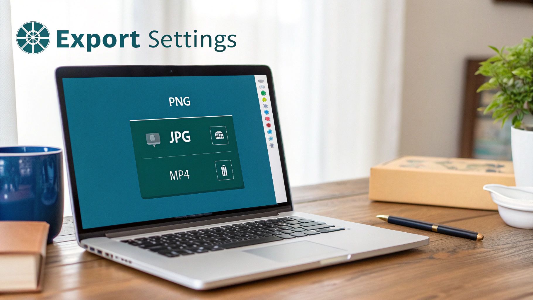 Laptop displaying export settings interface with PNG, JPG, and MP4 file format options on screen