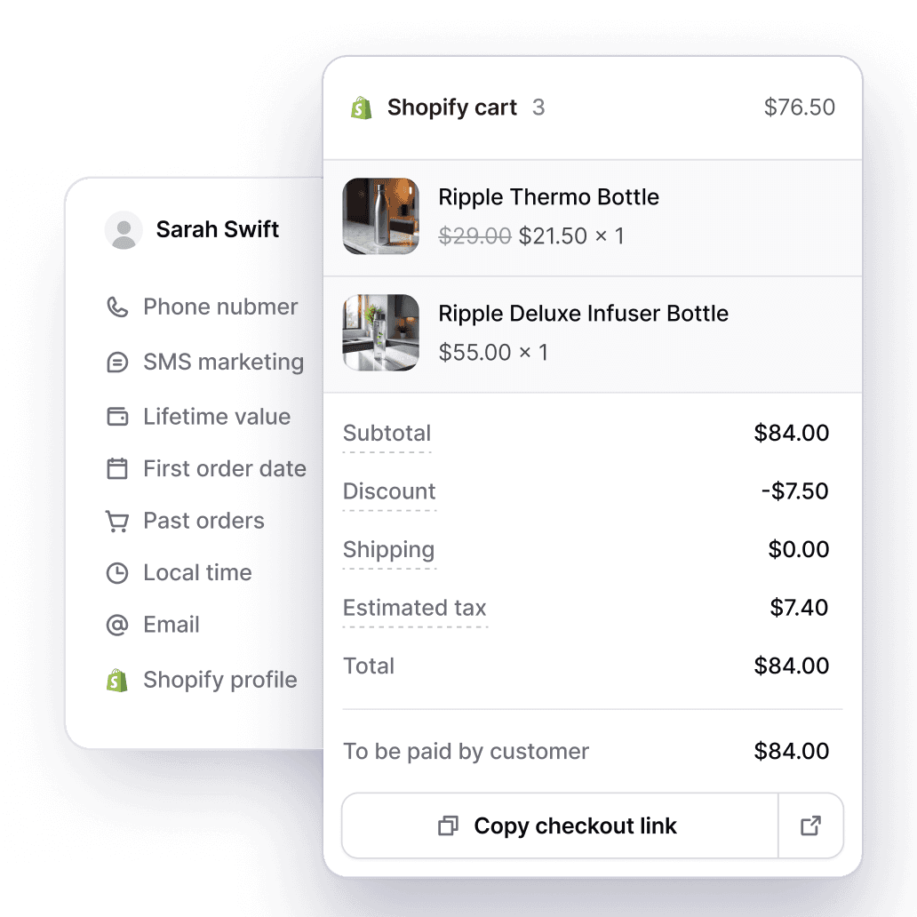 Consio's customer panel showing a Shopify cart with two products, alongside customer details including phone number, SMS marketing status, lifetime value, and order history.