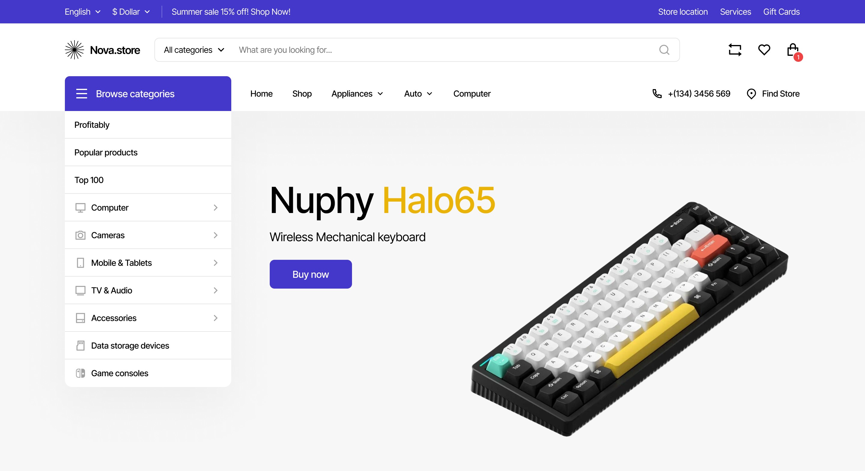 Nuphy Halo65 wireless mechanical keyboard on a website with categories: computer, tablets & more. Shop now.