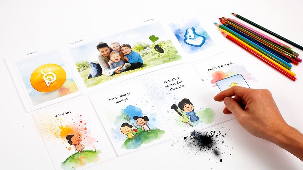 Personalized children's book pages with watercolor art, family photos, and colored pencils on a white table.